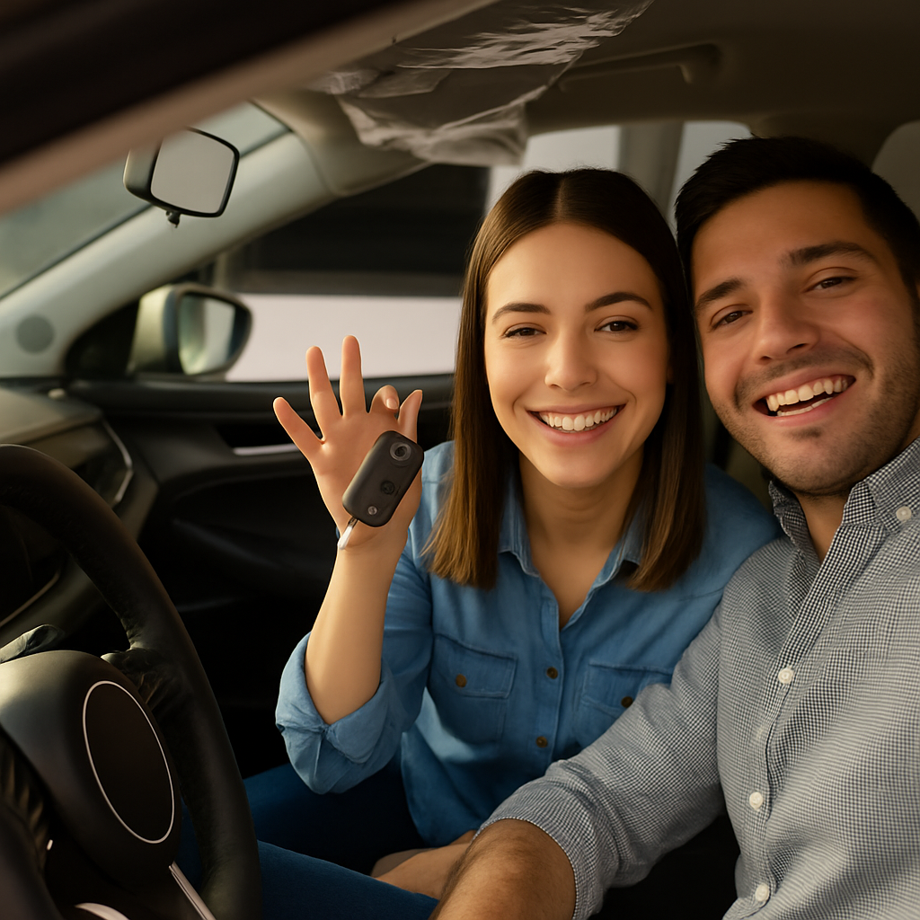 Happy couple with their new car keys